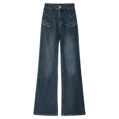 复古蓝加绒不贴腿微喇叭牛仔裤子