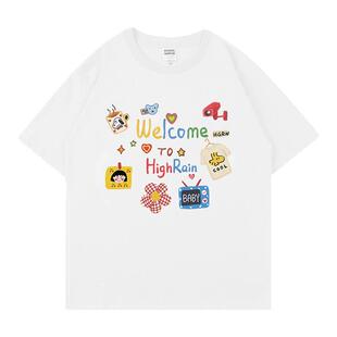 趣味涂鸦纯棉圆领短袖T恤女重磅卡通甜美上衣宽松半袖打底小个子