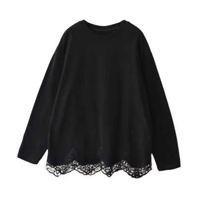 长袖宽松微弹蕾丝花边打底T恤女