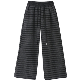 女童一条过冬裤子超厚加绒冬季巨好看条纹女孩一体绒中大童阔腿裤