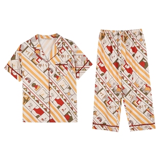 秋鹿【清仓仅剩小码】仿真丝睡衣春夏女款短袖七分裤南韩丝家居服