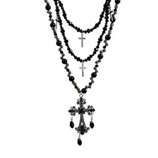 多层叠戴哥特风十字项链黑色串珠小众设计感亚比配饰女高级感配饰