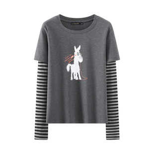 拉夏贝尔/La Chapelle学院风卡通条纹长袖T恤女2026春假俩件上衣