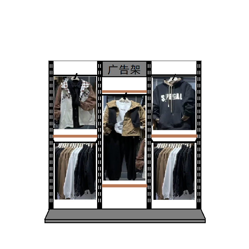 组合男装店衣服正挂展示架上墙