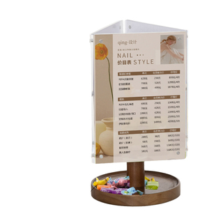 美容院活动充值价格表设计定制胡桃木色实木底座亚克力三面旋转台卡桌牌美发价目表展示牌美甲美睫价目表立牌