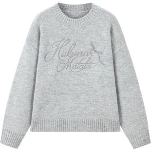 乐町韩系圆领线套衫女冬季精致绣花毛衣宽松上衣