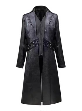 中世纪服装中长款PU皮风衣蒸汽朋克哥特风皮衣外套男角色扮演服饰
