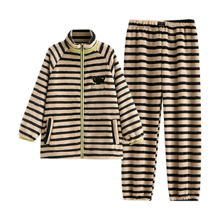 悦内睡衣女款冬季法兰绒加绒加厚珊瑚绒家居服冬天保暖可外穿条纹