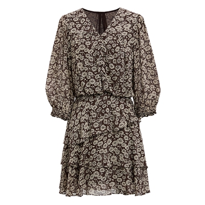 红袖商场同款HOPESHOW2025秋新款女装印花荷叶边拼接V领连衣裙