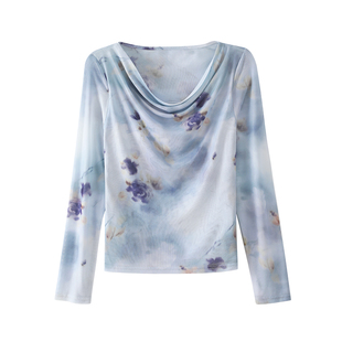 【蝶恋花】OSA欧莎国风水墨印花荡领长袖T恤女秋季新款设计感上衣