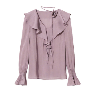 DPLAY紫色衬衫女鎏光纱衬衣荷叶边泡泡袖长袖上衣2026年春季新款