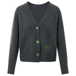 LANCY/朗姿2024冬新款羊毛V领短款针织开衫设计感时尚气质外套女