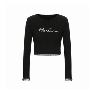 HERLIAN 春夏珠管绣LOGO长袖打底衫修身短款上衣女