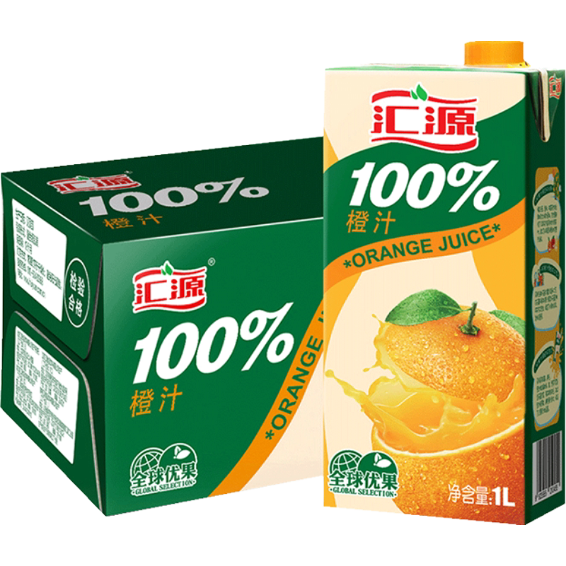 汇源100%橙汁纯果汁饮品饮料1L*12盒送礼聚餐橙汁果汁整箱囤货