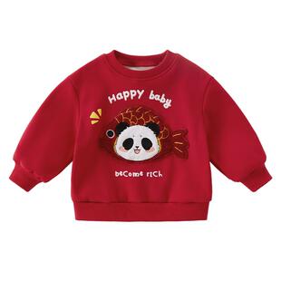 加绒卫衣女童宝宝红色小女孩冬季儿童打底衣服秋冬小男童薄绒上衣