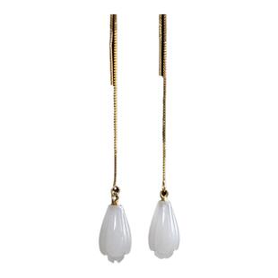 镀s925银镶玉耳线气质白玉兰花耳坠复古民族风铃兰耳环女士款/