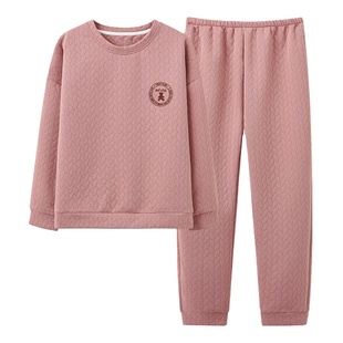 浪莎空气棉睡衣秋冬季女款纯棉长袖套头保暖夹层加厚家居服套装