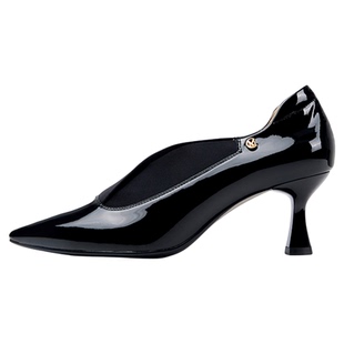 灵梅陈高光鞋深口高跟鞋弹力拼接漆皮尖头春秋单鞋配裙子皮鞋女款