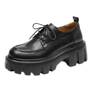 BeauToday系带英伦风厚底乐福鞋女款春季真皮小皮鞋增高黑色单鞋