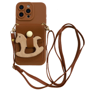 ins风棕色木马支架卡包适用苹果16promax手机壳iPhone17pro新款14pro皮质16斜跨挂绳13创意15防摔12/11保护套