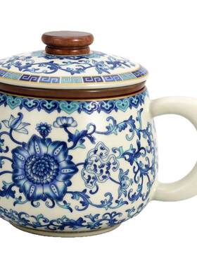 缠枝莲青花陶瓷茶杯高端个人专用茶杯一人饮办公室居家带茶漏茶滤