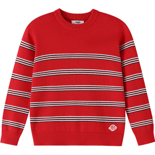 安奈儿童装男童女童圆领长袖毛衣针织衫2026春新年款纯棉条纹保暖