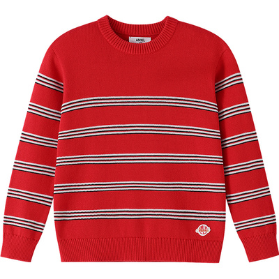 安奈儿童装男童女童圆领长袖毛衣针织衫2026春新年款纯棉条纹保暖