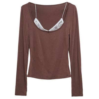 ohmyloli 假两件拼接撞色蕾丝棕咖亲肤高弹正肩长袖打底衫