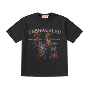 UNSHACKLED潮牌短袖夏白墨直喷美式复古花卉T恤情侣宽松杨政原创