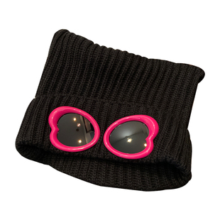 宁艺卓同款甜酷辣妹护目镜猫耳朵毛线帽子女秋冬季爱心飞行针织帽