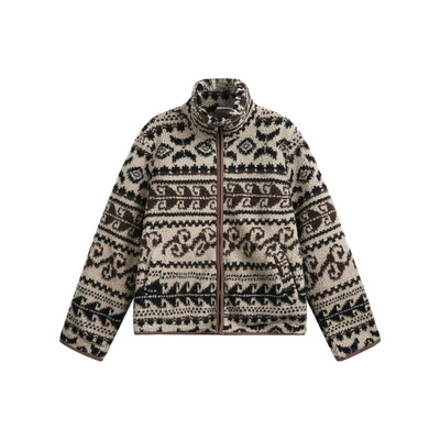 咕噜喔  美式复古立领短款保暖费尔岛民族风提花摇粒绒厚外套