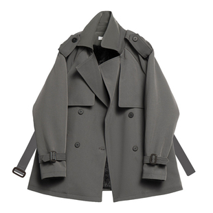 灰色英伦风高级感加绒风衣2026新款秋韩系小个子双排扣收腰外套女