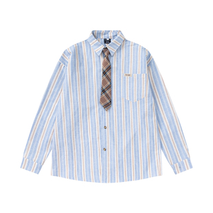 HTTAOSUP秋季日系复古条纹衬衫男女长袖宽松百搭高级感衬衣外套潮