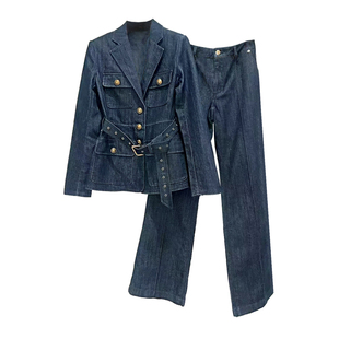 朱珠同款蓝色气质干练牛仔西装外套女高级感穿搭显瘦牛仔裤两件套