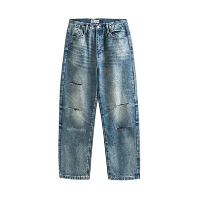 Medaigual 水洗刀割破洞补丁刺绣宽松小脚锥形裤男街头滑板牛仔裤