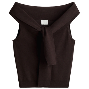 HM女装毛针织衫春季垂褶露肩青果领无袖上衣毛衫1306286