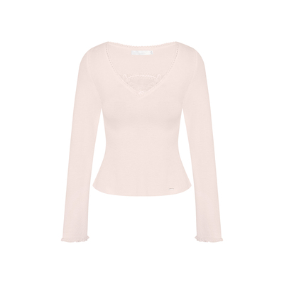 假两件蕾丝拼接v领长袖修身T恤