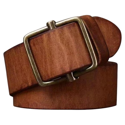 皮带头层牛皮男性纯铜无孔休闲