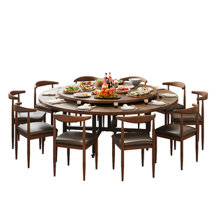 中古风折叠圆桌餐桌家用带转盘10人20人吃饭桌子伸缩收纳饭桌新型