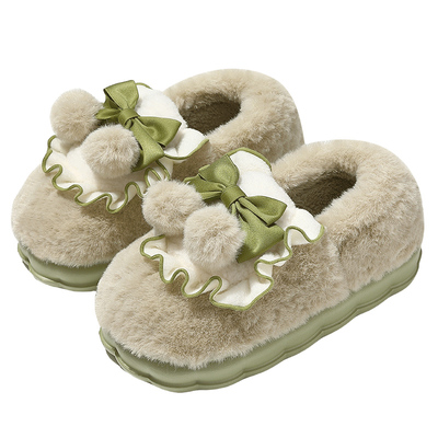 蝴蝶结甜美冬季棉拖鞋女包跟软底