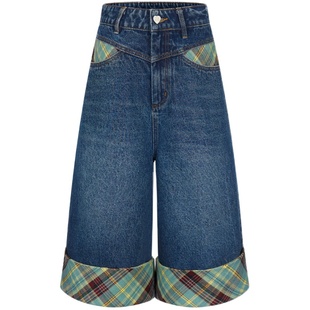 WhyBerry 24SS“时髦个性”撞色格纹牛仔短裤休闲宽松蓝色裤子