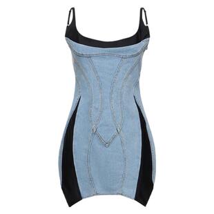 王心凌演唱会同款拼接牛仔吊带连衣裙女设计感不规则性感包臀裙子