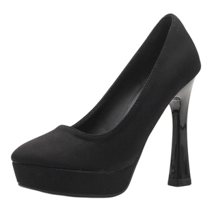 法式防水台高跟鞋女简约圆头粗跟绒面百搭不累脚配晚礼服宴会单鞋