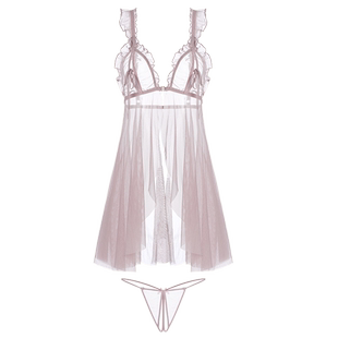 夏何夕性感睡衣女蕾丝前扣开叉网纱薄款透明新款夏季诱惑纯欲睡裙