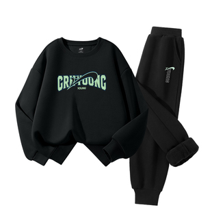 贵人鸟童装男童冬装套装儿童加绒运动服大童黑色卫衣青少年两件套