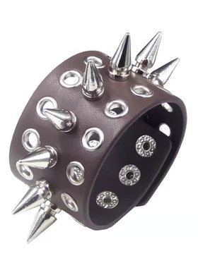 长子弹头铆钉孔眼棕皮质朋克手链