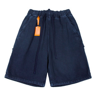 BIGFORSAM蓝染刺子剑道水洗做旧工装短裤夏季Vintage松紧腰五分裤