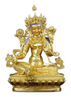 绿度母佛像摆件纯铜全鎏金佛台