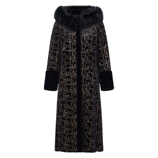 马天奴女装秋冬新款黑色印花狐狸毛领连帽长款大衣外套轻奢保暖