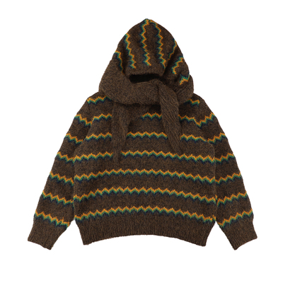 精分复古提花波纹带帽两穿毛衣